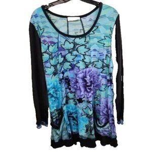 Orientique Naturally Womens Floral Artsy Tunic Top XL Blue Ruffle 3/4 Sleeve